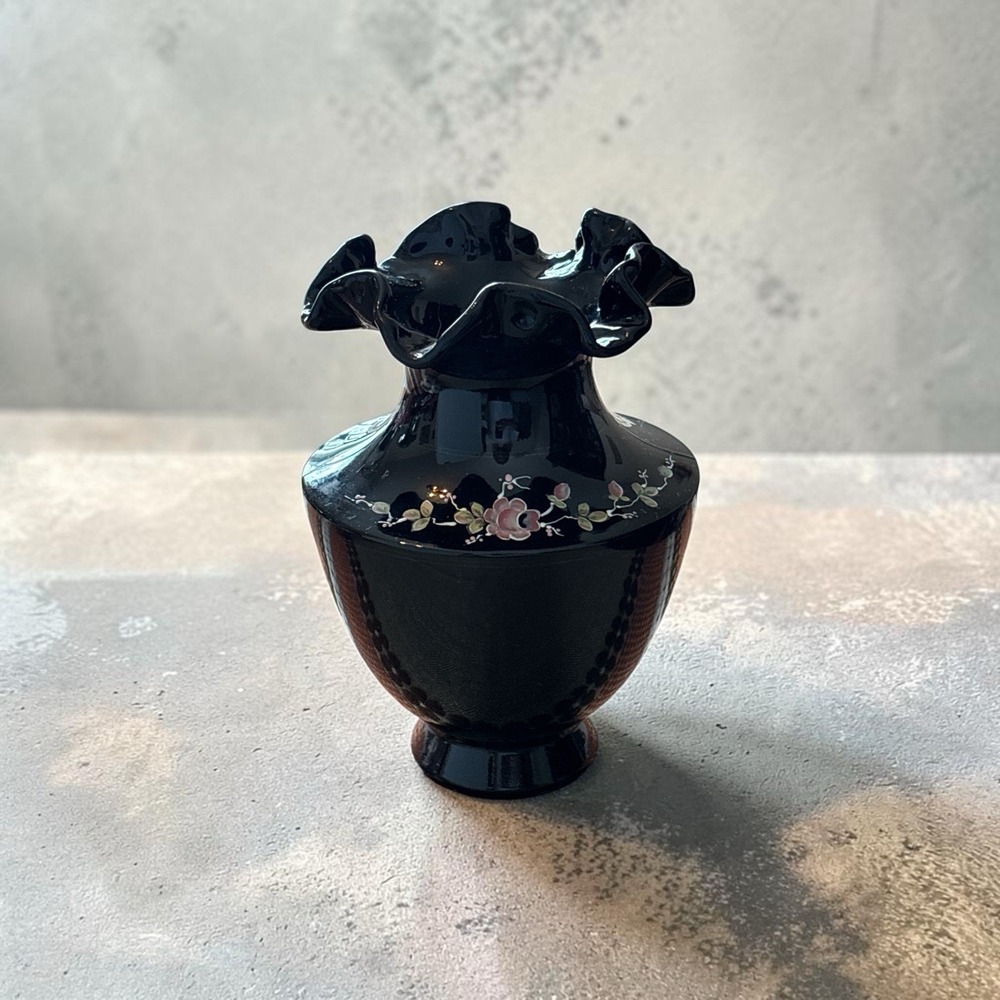 Fenton Glass Vase Black Hand Painted Signed Ruffled Top Painted